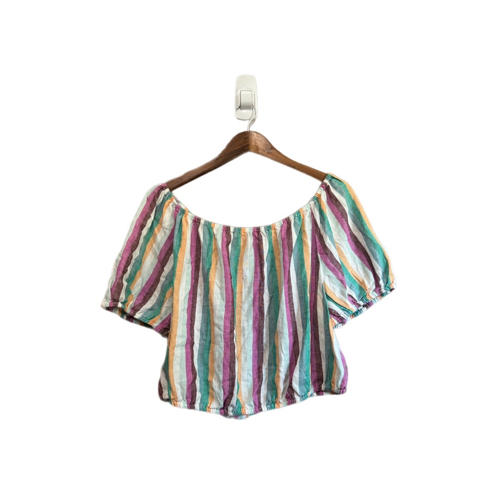 Ava & Viv Crop Top Women X Multi Stripe NWT Linen Blend Off Shoulder Puff Sleeve